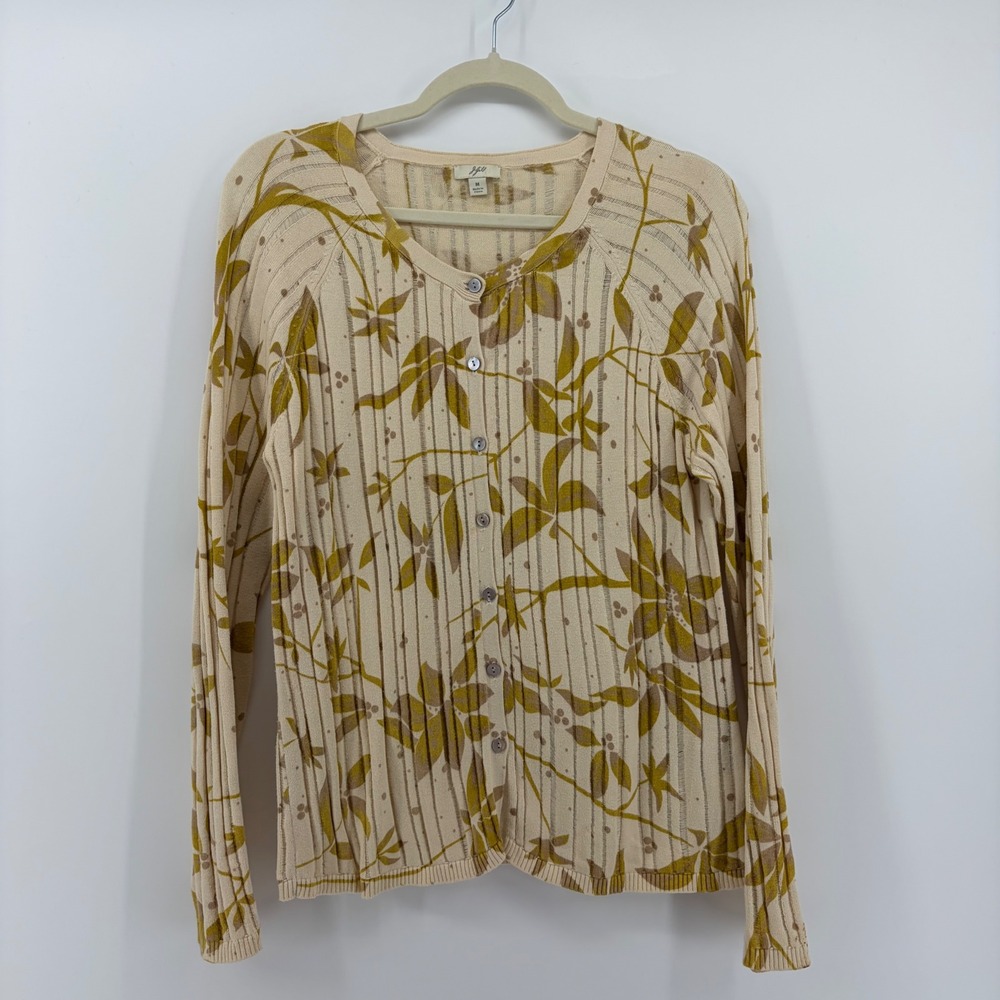 J Jill Beige Floral Print Ribbed Knit Cardigan Sweater Womens Size M